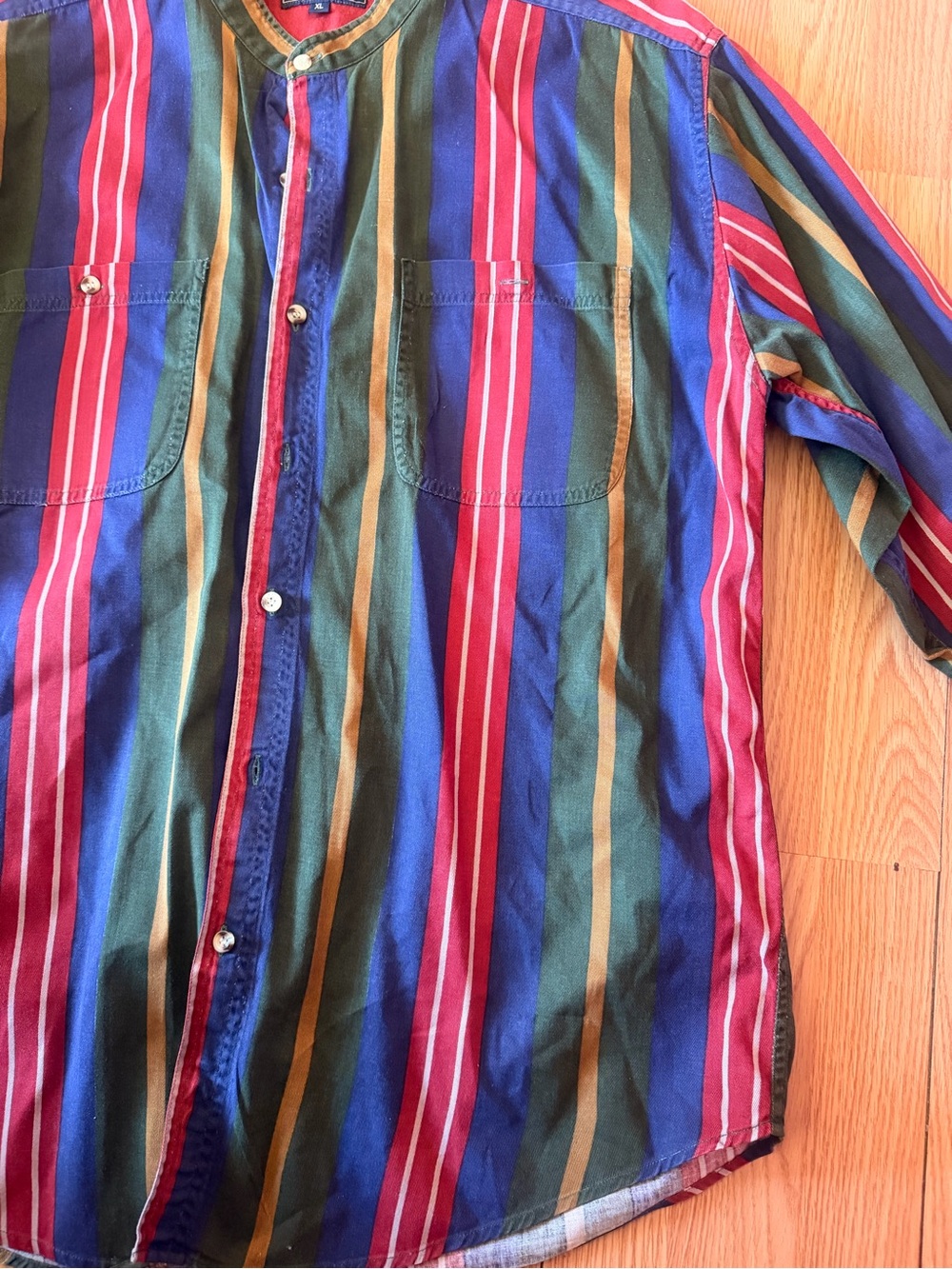Bogari Studio Men's vintage Multi Color Striped Banded Collar Cotton Shirt XL - Picture 2 of 9